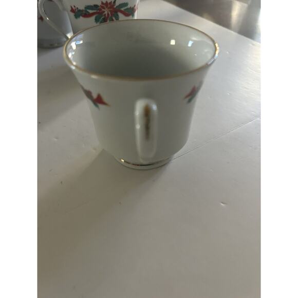 Poinsettia And Ribbons Fine China 6 Christmas Holidays Tea Cups and Creamer - Picture 10 of 15